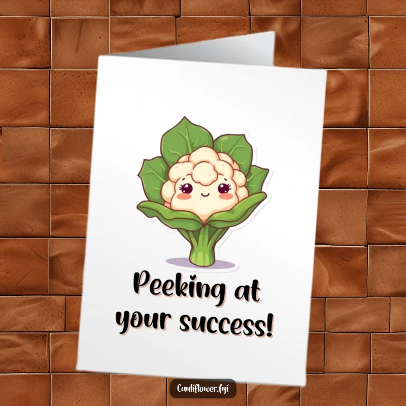 Funny Free Printable Congratulations Card featuring a kawaii cauliflower peeking playfully from behind a leaf, announcing good news.