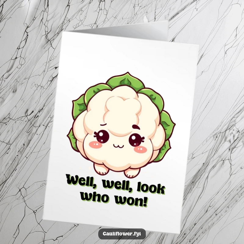 Funny free printable congratulations card showing a kawaii cauliflower with sparkling eyes and a raised eyebrow, giving a knowing look.
