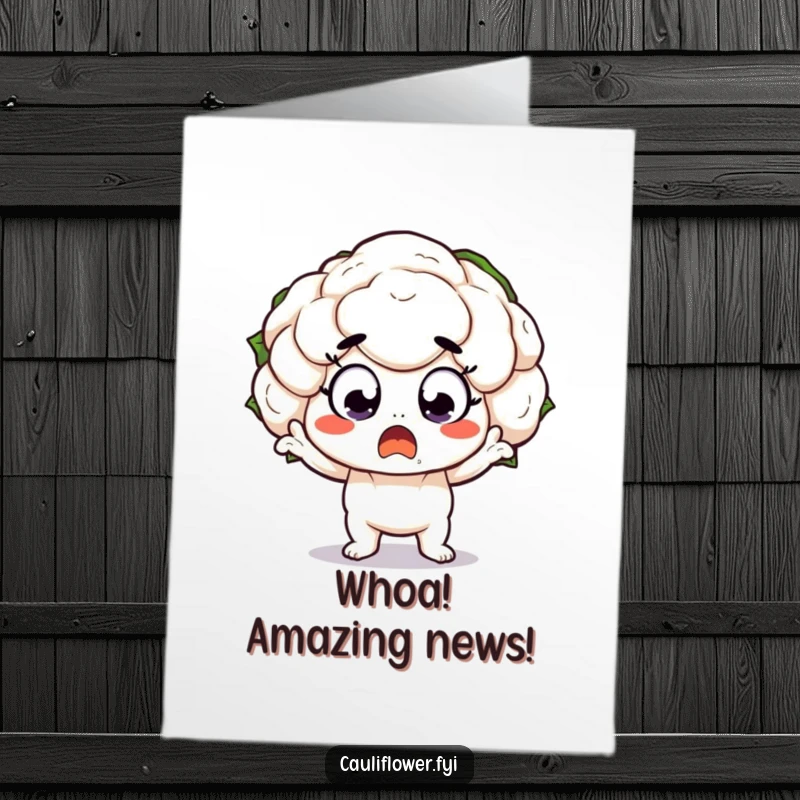 Funny Free Printable Congratulations Card: Kawaii cauliflower in a dramatic, wide-eyed pose, looking utterly shocked.