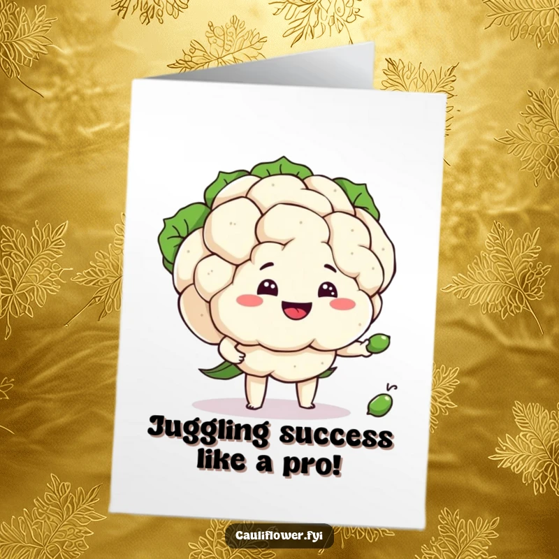 Funny Free Printable Congratulations Card: A silly cauliflower grinning while attempting to juggle three tiny peas, symbolizing a skillful achievement.