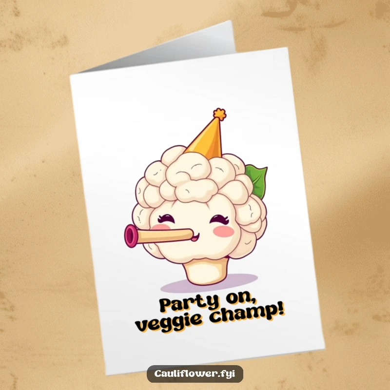 Funny free printable cauliflower in a party hat blowing a tiny horn, celebrating a big achievement with festive cheer.