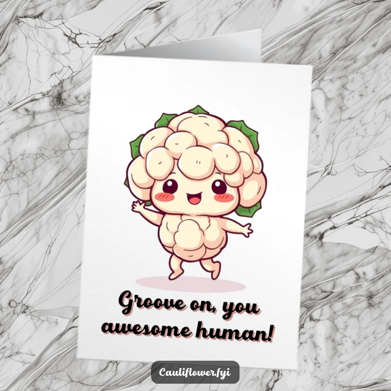 Funny Free Printable Congrats Card: Kawaii cauliflower busting out a funny shuffle dance, full of energy and celebration, ideal DIY.