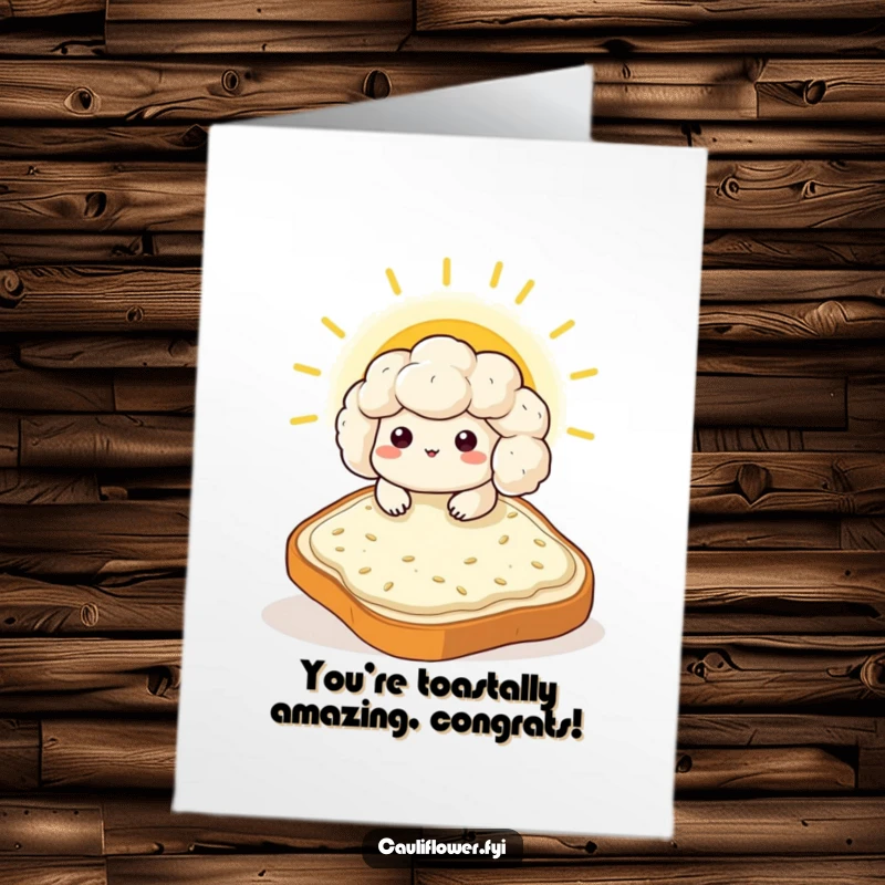 Funny Free Printable Congrats Card: Relaxed Kawaii cauliflower sunbathing on a large toast slice, radiating contentment, ideal DIY card.