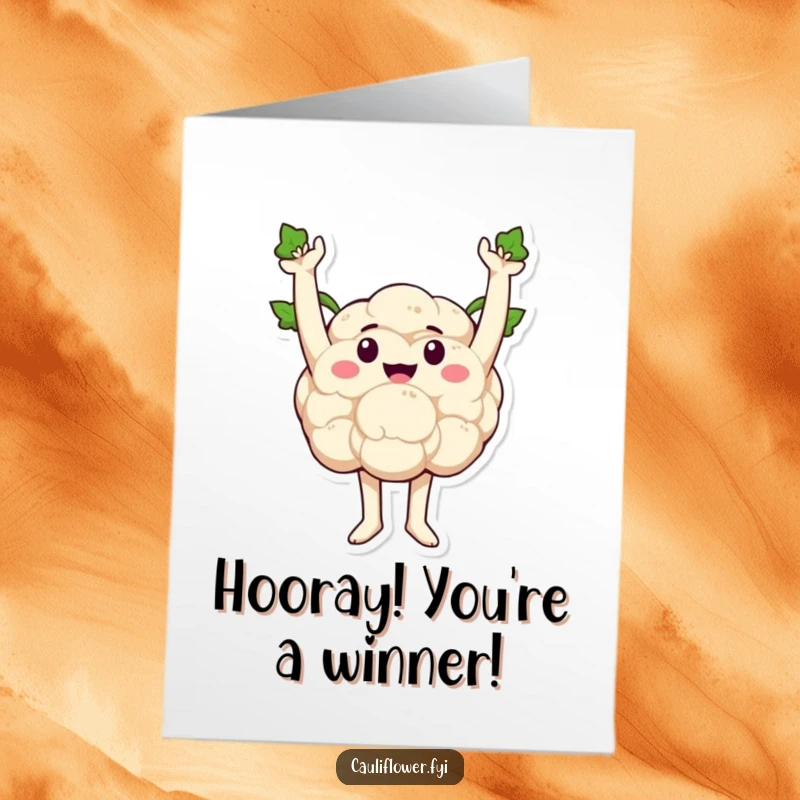Funny Free Printable Congrats Card showing a cauliflower with sprout arms in the air, striking a legendary triumphant pose.