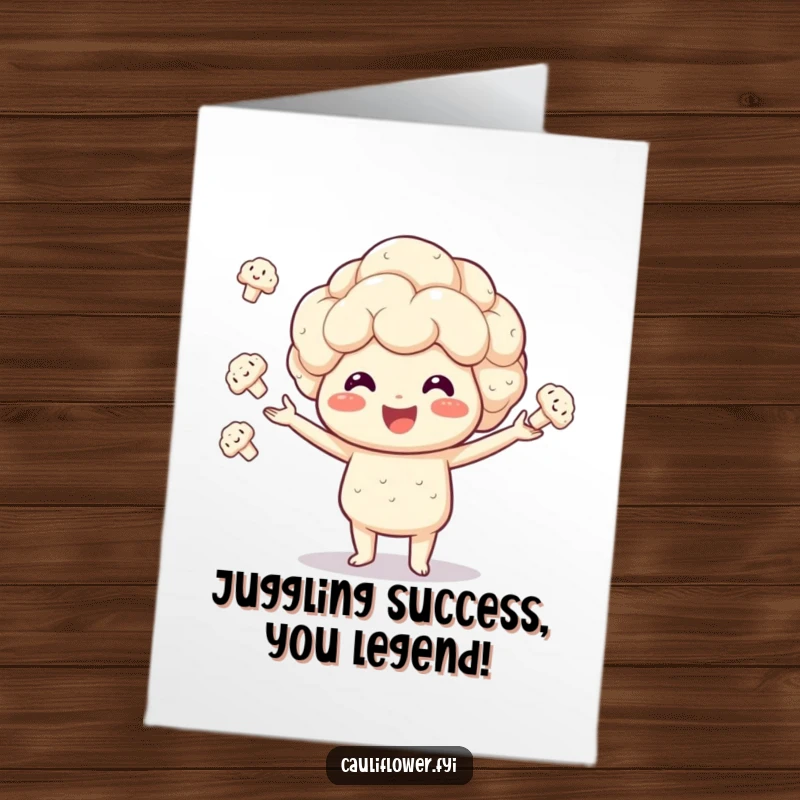 Funny Free Printable Congratulations Card: Kawaii cauliflower smiling and actively juggling miniature cauliflower florets with great skill.