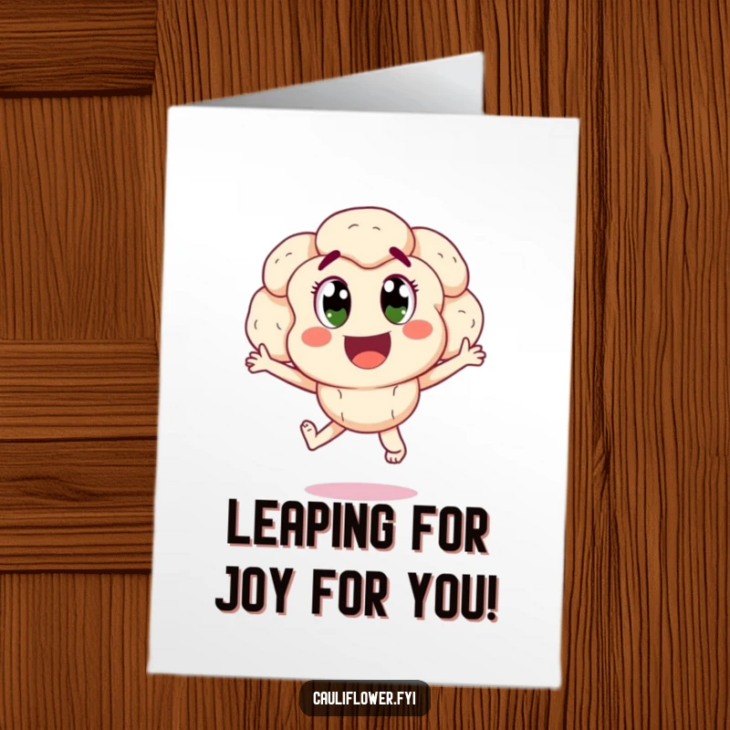Funny Free Printable Congratulations Card: A happy cauliflower with wide eyes jumping joyfully, celebrating remarkable success.