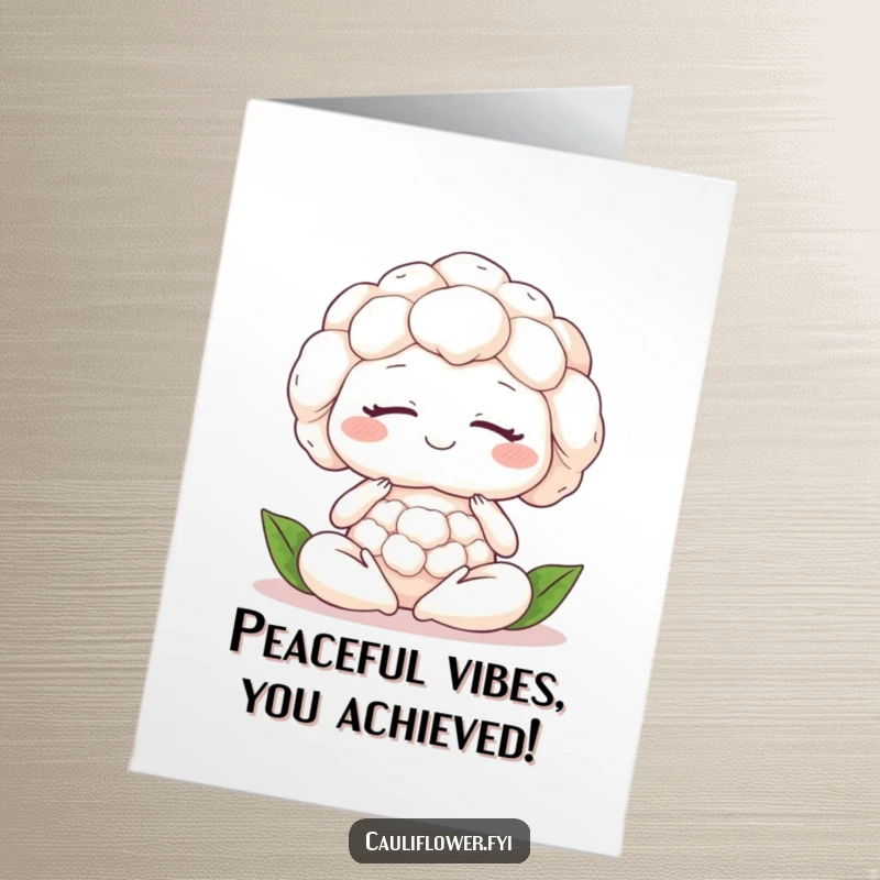 Funny Free Printable Congrats Card: A cauliflower in deep meditation, smiling peacefully, signifying calm success.