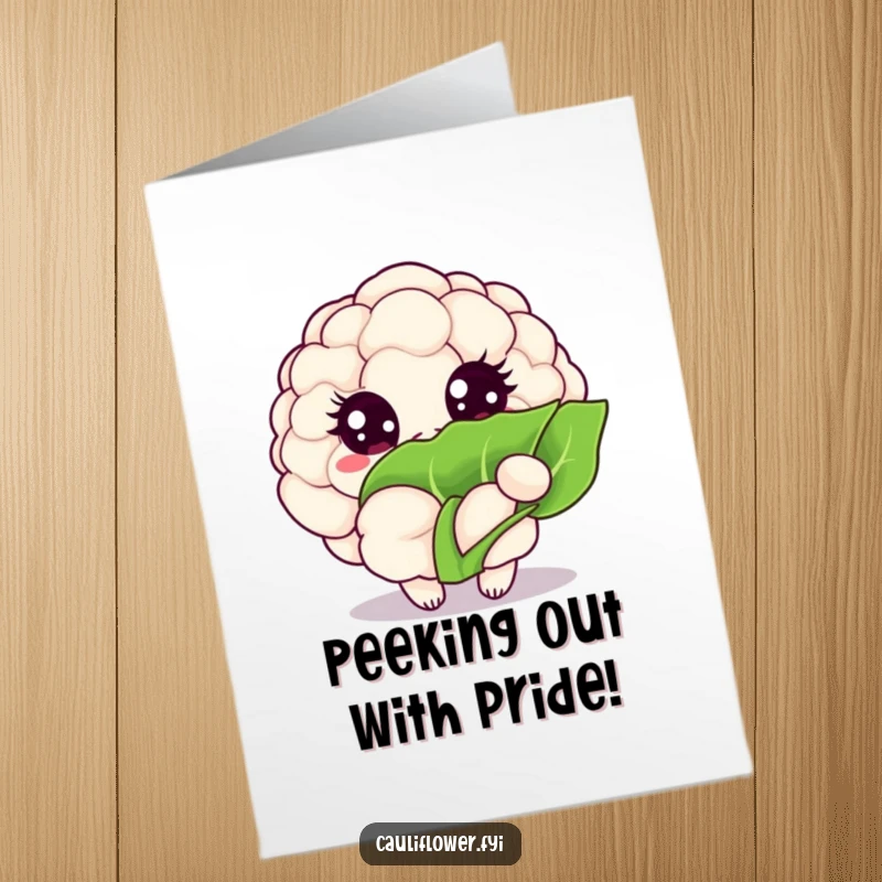 Funny Free Printable Congratulations Card: Kawaii cauliflower with sparkling eyes, curiously peeking from behind a large leaf.