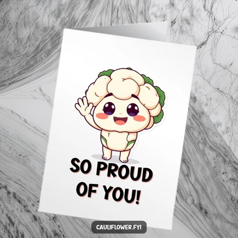 Funny free printable congratulations card featuring a cauliflower character with big, happy eyes performing a silly wave.