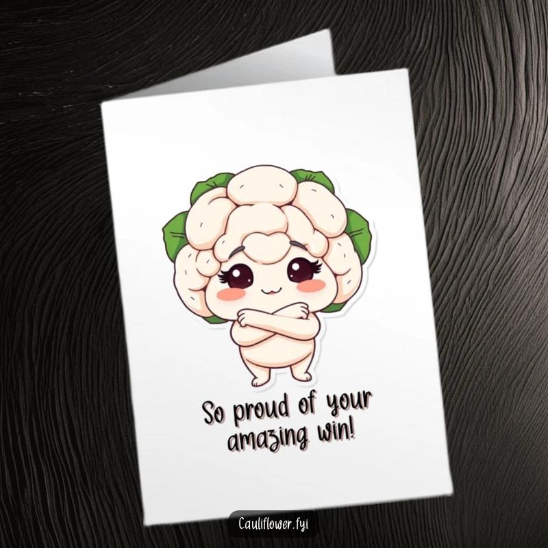 Funny Free Printable Congratulations Card of a proud cauliflower with arms crossed, giving its approval for a great achievement.