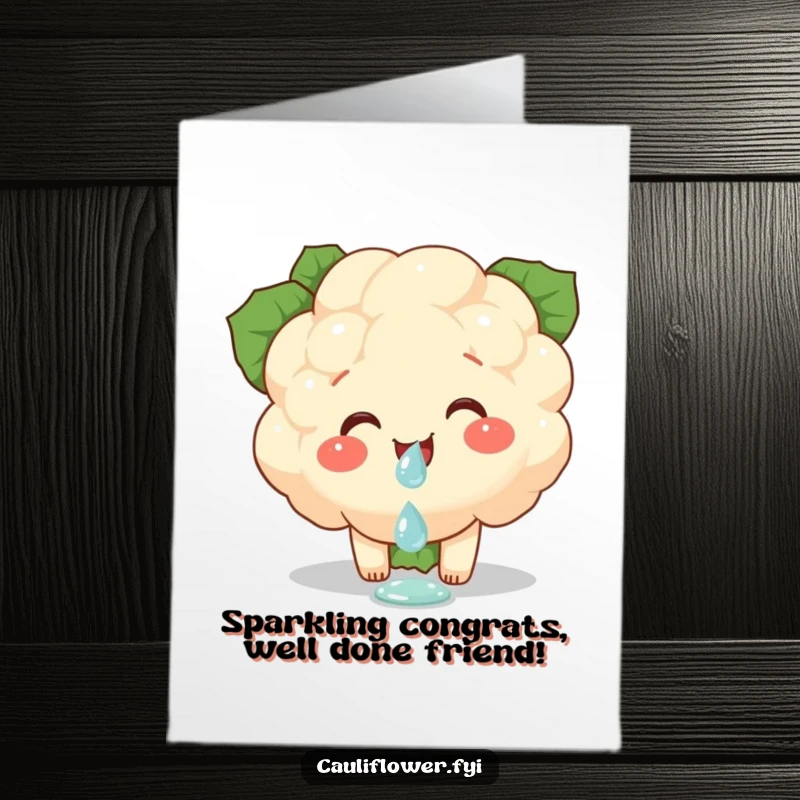 Funny Free Printable Congratulations Card of a cauliflower piece giggling while balancing a dewdrop, celebrating a delicate success.