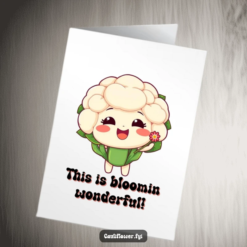 Funny Free Printable Congratulations Card: A happy cauliflower character presenting a small, glittering flower. Charming art.