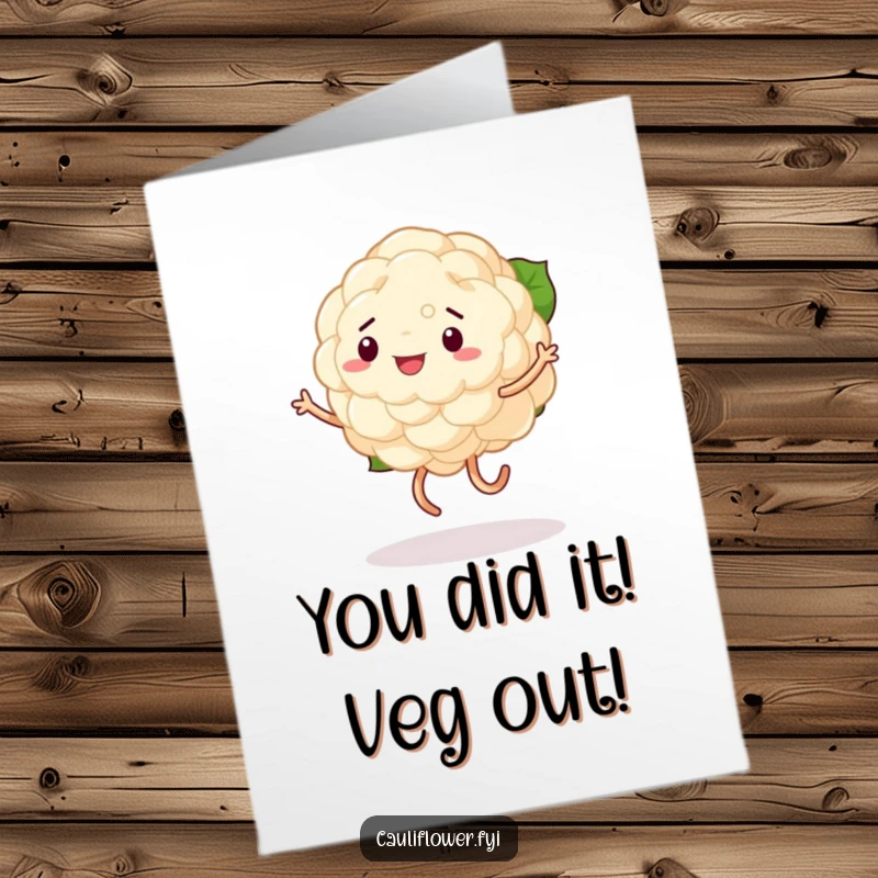 Funny free printable congratulations card: a cheerful cauliflower with super wobbly legs, dancing joyfully to celebrate a big win.