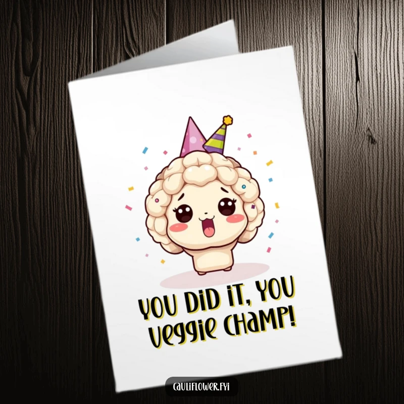 Funny Free Printable Congrats Card: Startled Kawaii cauliflower with party hat and confetti burst, great for a unique DIY card.