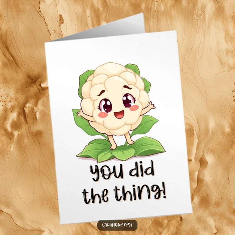 Funny Free Printable Congratulations Card: A happy cauliflower with wide eyes doing a funny dance on a leafy bed.