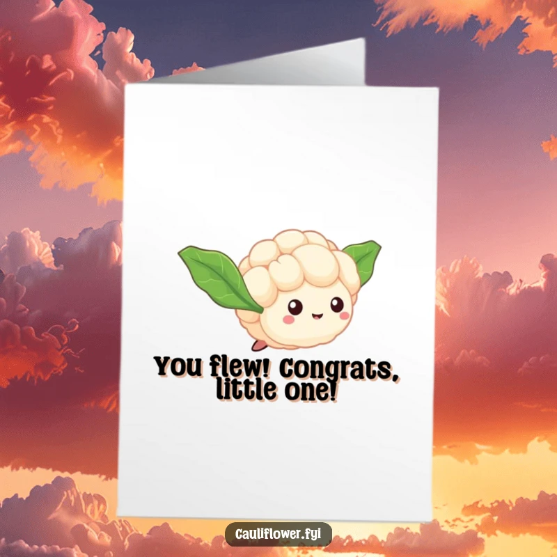 Funny free printable tiny cauliflower floret with leaf wings taking flight, celebrating a big achievement, cute downloadable art.