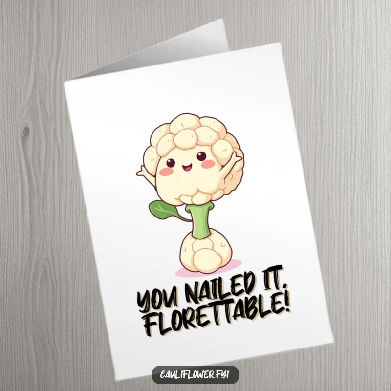 Funny Free Printable Congratulations Card: A cauliflower character precariously balancing on a single floret, arms wide. Humorous art.