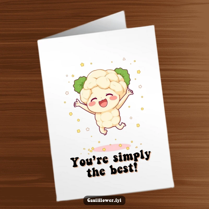 Funny free printable congratulations card featuring a cauliflower character leaping with joy, scattering tiny florets like confetti.