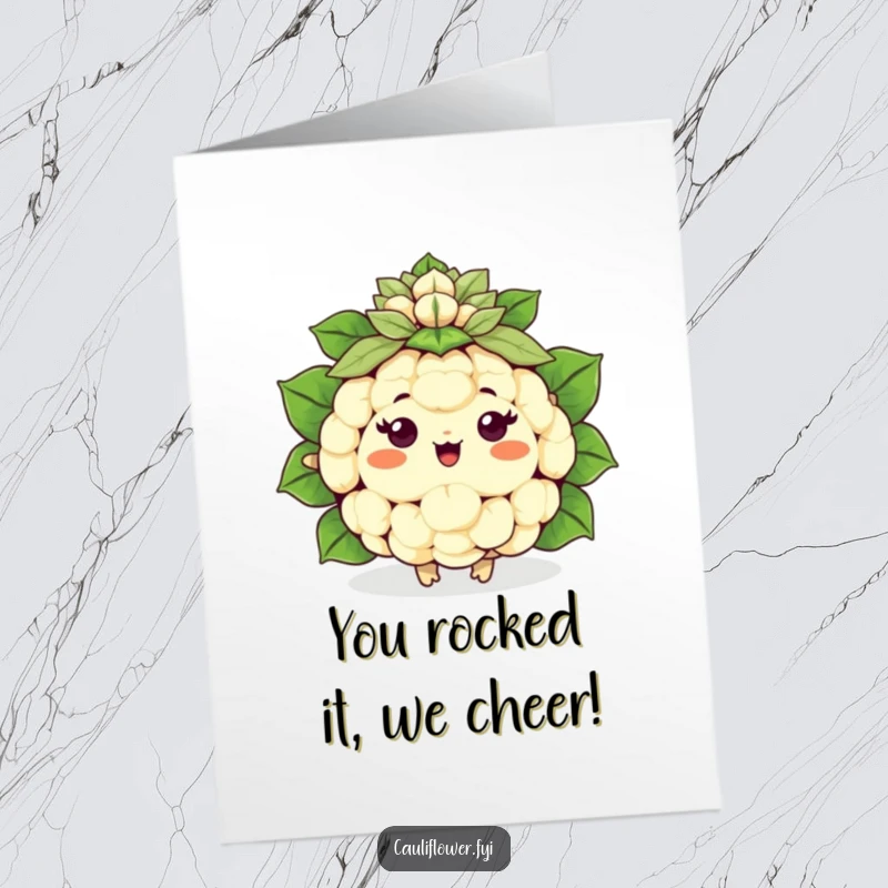 Funny Free Printable Congrats Card: Joyful Kawaii cauliflower cheering with a leaf pom-pom, enthusiastic and supportive, ideal DIY card.