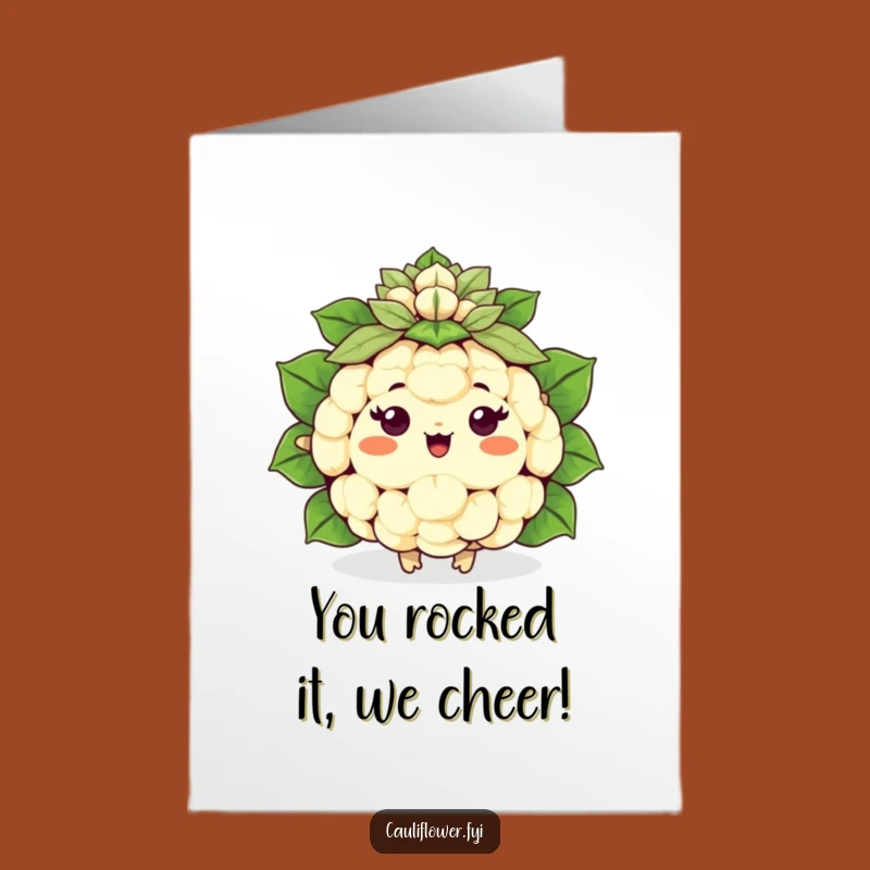 Funny Free Printable Congrats Card: Cheering Kawaii Cauliflower - Leaf Pom-Pom