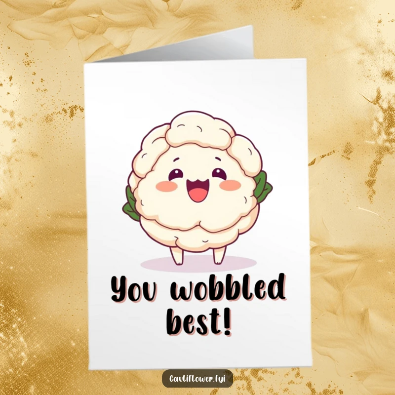 Funny free printable congratulations card: Adorable kawaii cauliflower doing a funny cartoonish wobble, perfect for cheering someone on with humor.