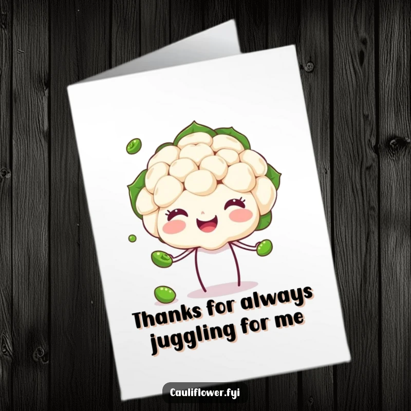 Funny free printable happy cauliflower juggling peas, conveying thanks with a cheerful and skillful presentation, downloadable art.