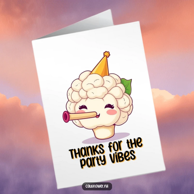 Funny free printable cauliflower wearing a party hat and blowing a tiny horn, expressing thanks with festive energy.
