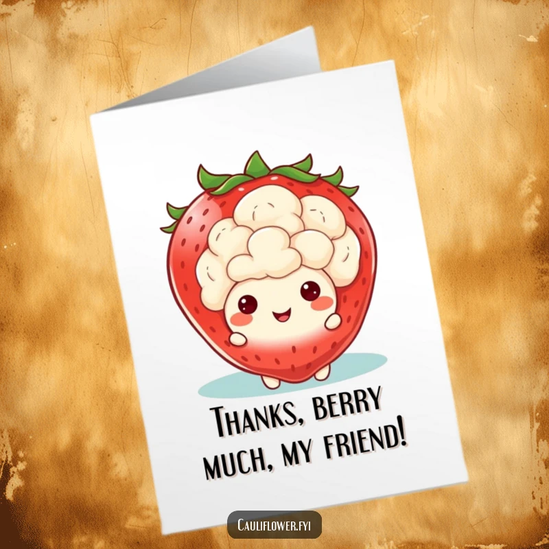 Funny free printable thank you card: a kawaii cauliflower character peeks out from behind a giant smiling strawberry.
