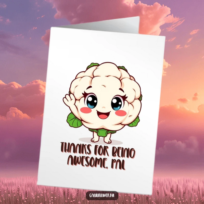 Funny Free Printable Thank You Card: A smiling cauliflower character with cheerful eyes waving a friendly thank you.