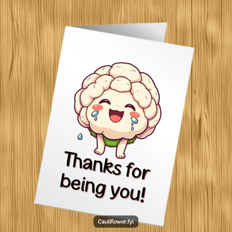 Funny Free Printable Thank You Card: Kawaii cauliflower character laughing heartily, tears of joy streaming down, expressing thanks.