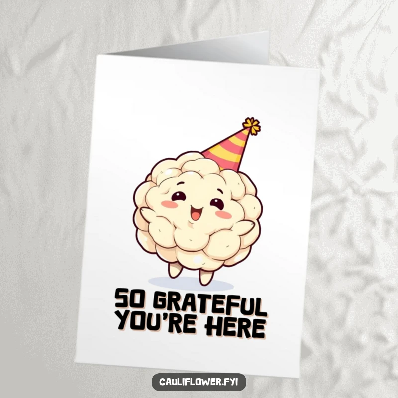 Funny Free Printable Thank You Card: A cauliflower in a party hat spins enthusiastically, showing gratitude.