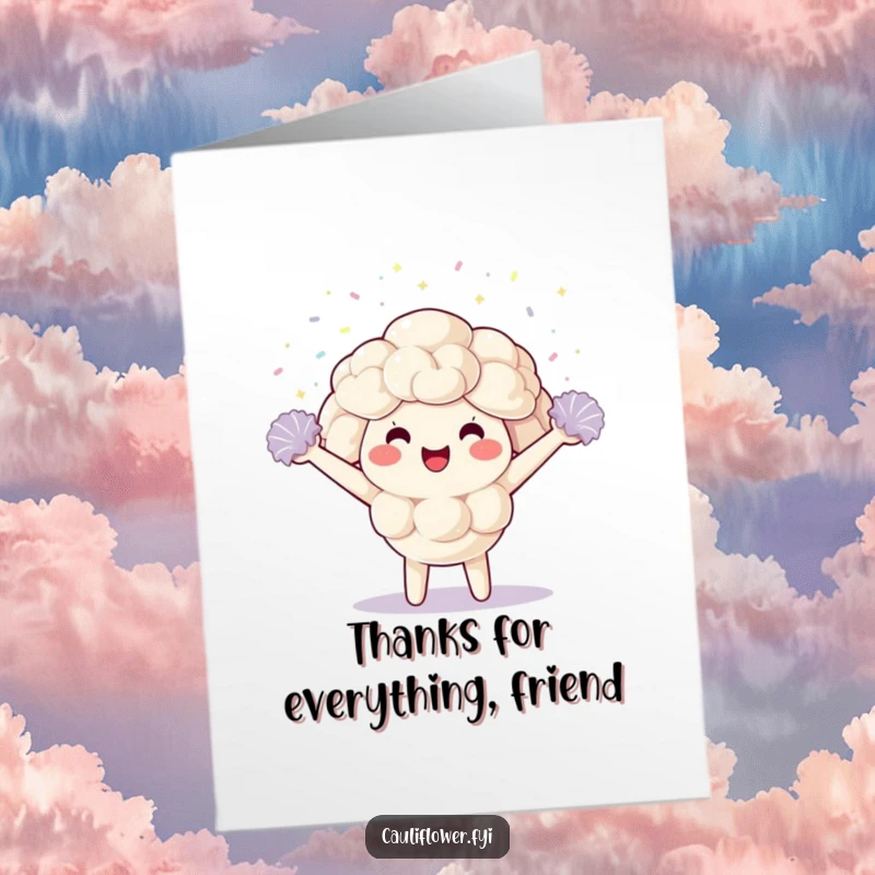 Funny Free Printable Thank You Card: A kawaii cauliflower character joyfully cheering with pom-poms, emitting confetti.