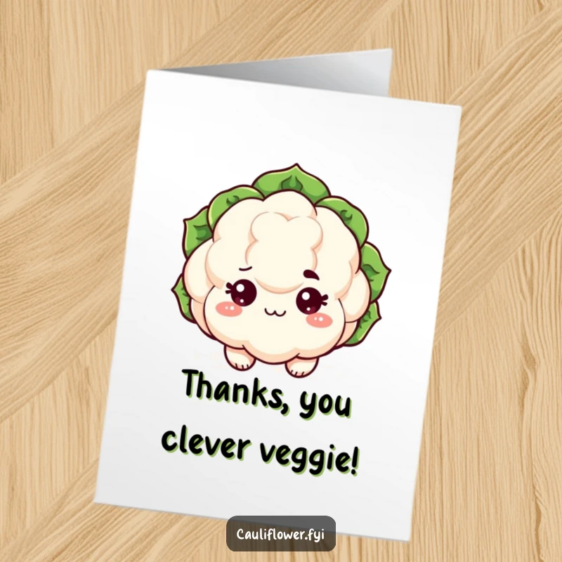 Funny free printable thank you card with a kawaii cauliflower sporting sparkling eyes and a raised eyebrow, looking intrigued.