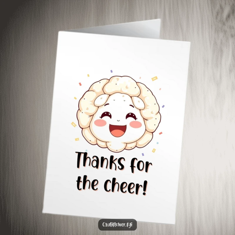 Funny Free Printable Thank You Card: A smiling cauliflower face with rosy cheeks throwing a shower of confetti.