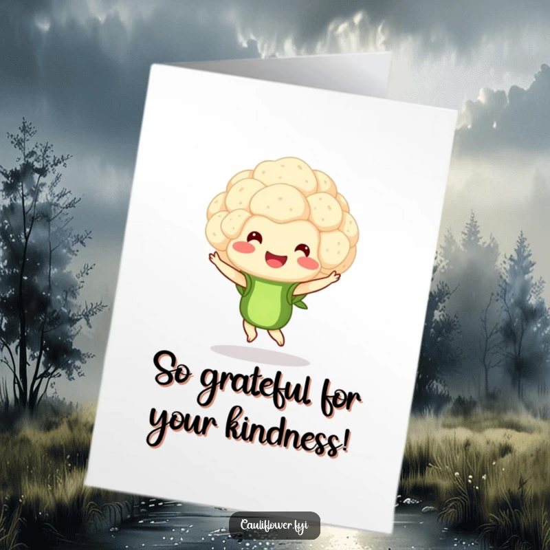 Funny Free Printable Thank You Card with a happy cauliflower floret twirling and smiling, expressing thanks with flair.