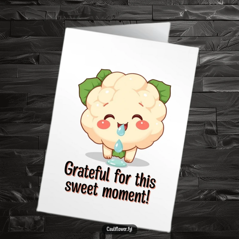 Funny Free Printable Thank You Card of a cauliflower piece with a happy giggle, balancing a dewdrop, expressing thanks.
