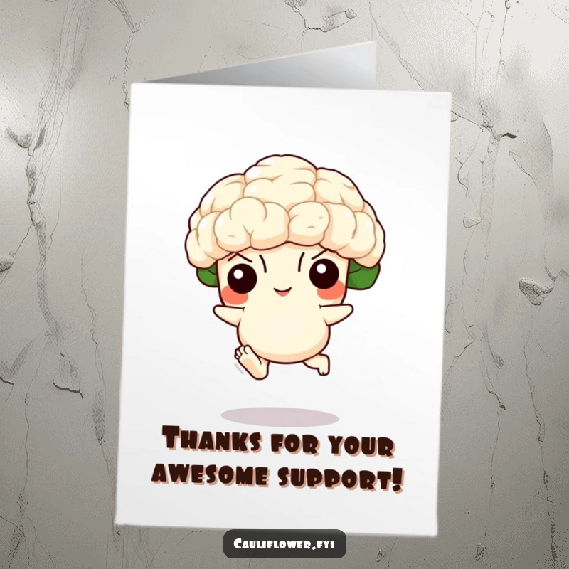 Funny Free Printable Thank You Card showing a happy cauliflower with tiny feet leaping in gratitude, full of energy.