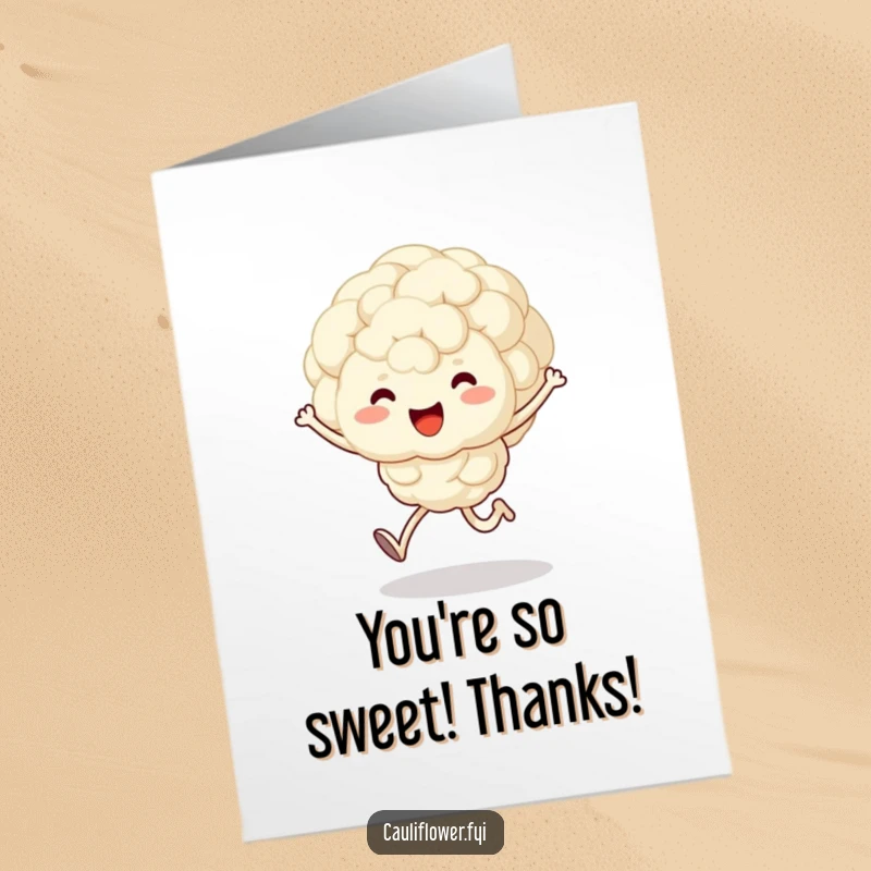 Funny Free Printable Thank You Card: A fluffy kawaii cauliflower character skips joyfully, expressing heartfelt thanks with a sweet smile.