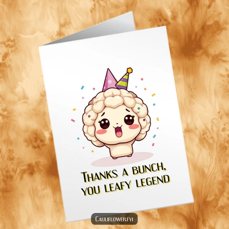 Funny Free Printable Thank You Card: Wide-eyed Kawaii cauliflower in party hat, confetti flying, ideal for a heartfelt DIY thank you.