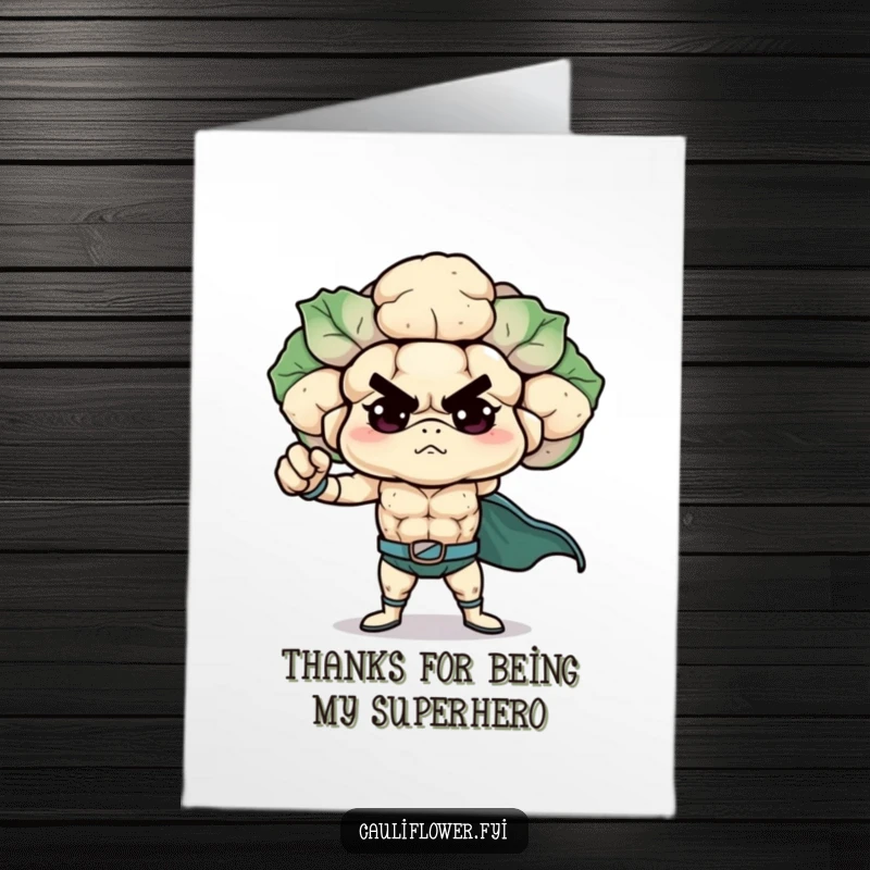 Funny free printable cauliflower in a superhero pose, conveying thanks with super-powered gratitude, downloadable art for printing.