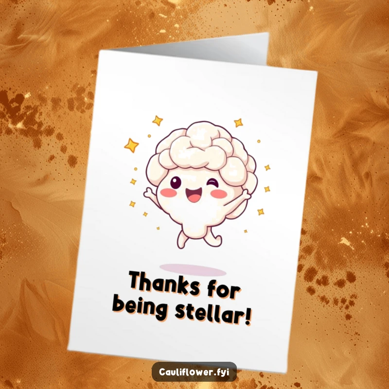 Funny Free Printable Thank You Card: A cauliflower character jumping happily, surrounded by little bursting stars. Cheerful art.