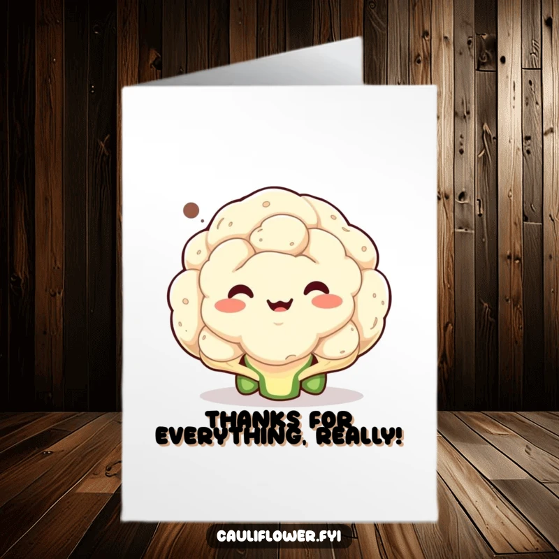 Funny free printable thank you card: a cauliflower with a comically contorted face inside a speech bubble, expressing thanks.
