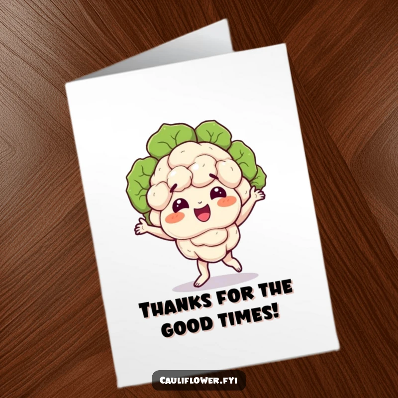 Funny Free Printable Thank You Card: A cauliflower does a funny dance, florets wobbling comically, conveying thanks with a playful spirit.
