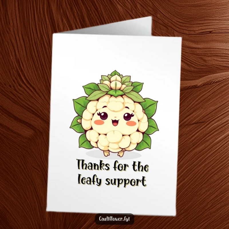 Funny Free Printable Thank You Card: Cheerful Kawaii cauliflower with a leaf pom-pom, full of energy, great for a spirited thank you.