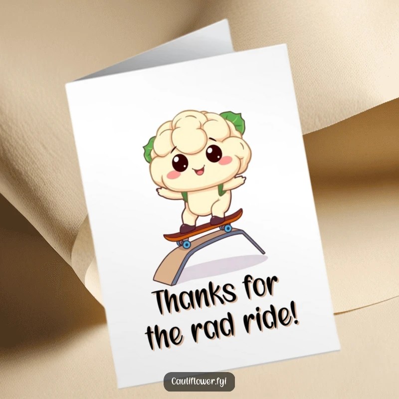 Funny Free Printable Thank You Card: Kawaii cauliflower skateboarding down a ramp, offering a cool and grateful thank you.