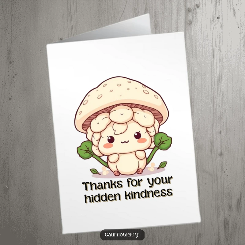 Funny Free Printable Thank You Card: Playful Kawaii cauliflower peeking from behind a mushroom cap, cute and mysterious, great thank you.