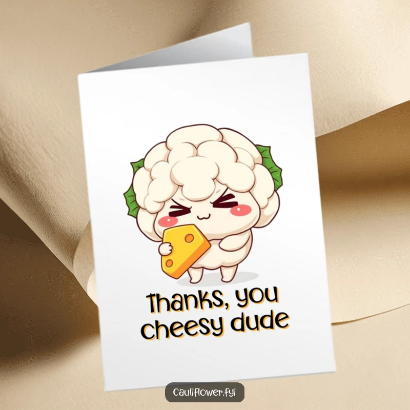 Funny Free Printable Thank You Card: A mischievous kawaii cauliflower character winking while holding a slice of cheese.