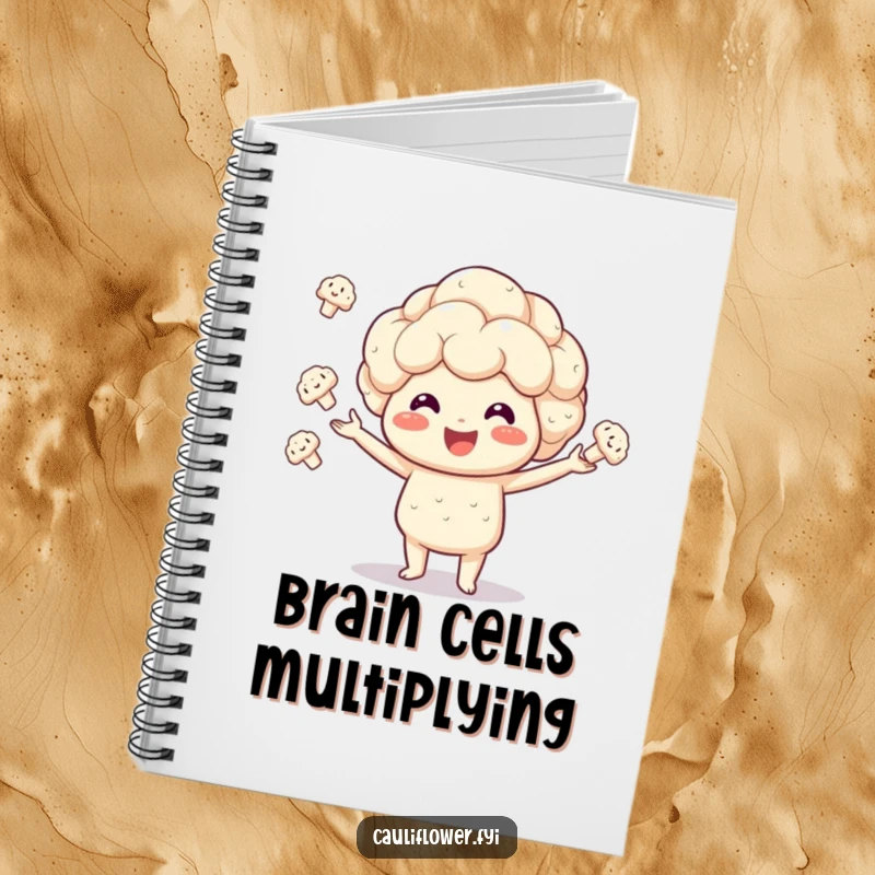 Funny Kawaii cauliflower notebook cover shows a smiling veggie juggling florets with great enthusiasm, ready for your notes.