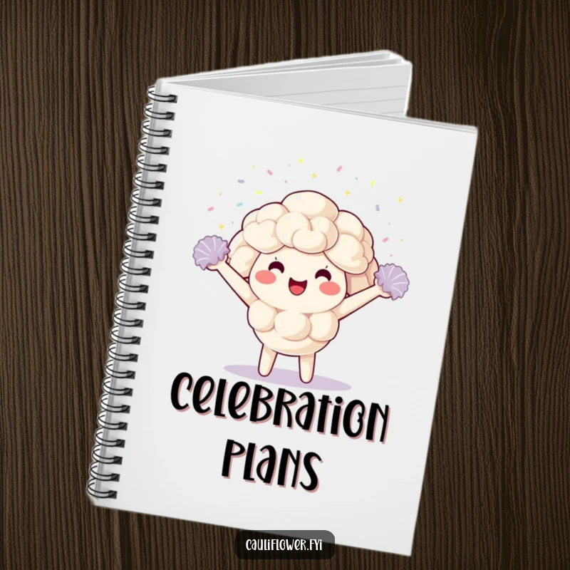 Funny Notebook featuring a kawaii cauliflower character cheering with pom-poms, a vibrant and humorous companion for note-taking.