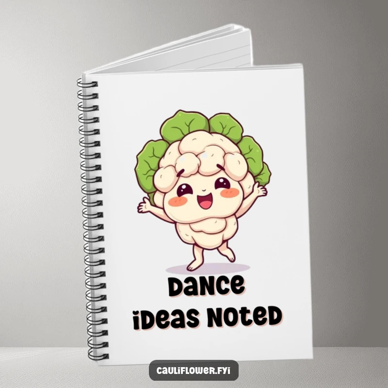 Funny notebook featuring a smiling cauliflower character doing a silly dance, florets wobbling, ready to inspire your best ideas.